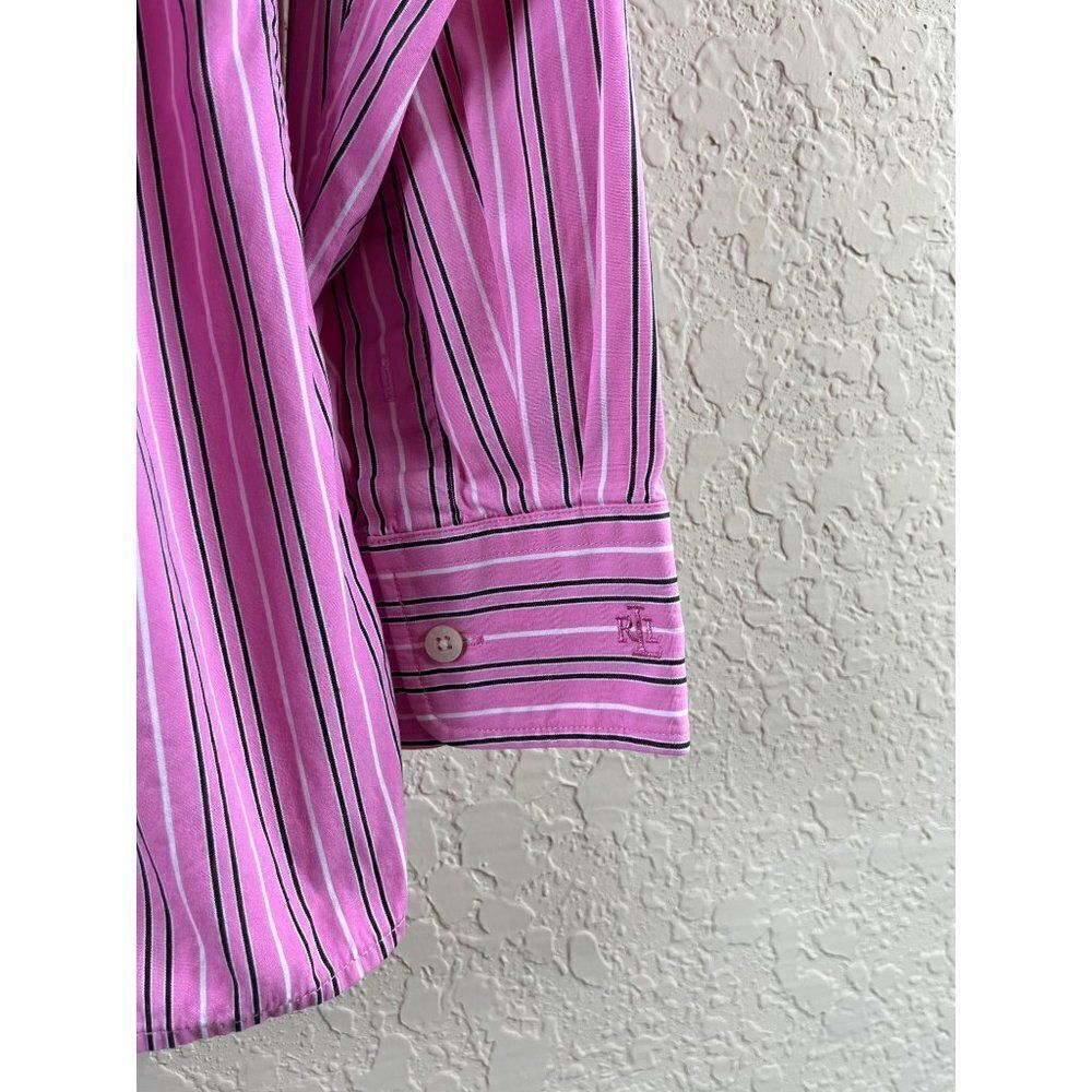 Lauren Ralph Lauren Striped Button Up Contrast Collar Blouse 1X Pink White Work - Picture 5 of 10